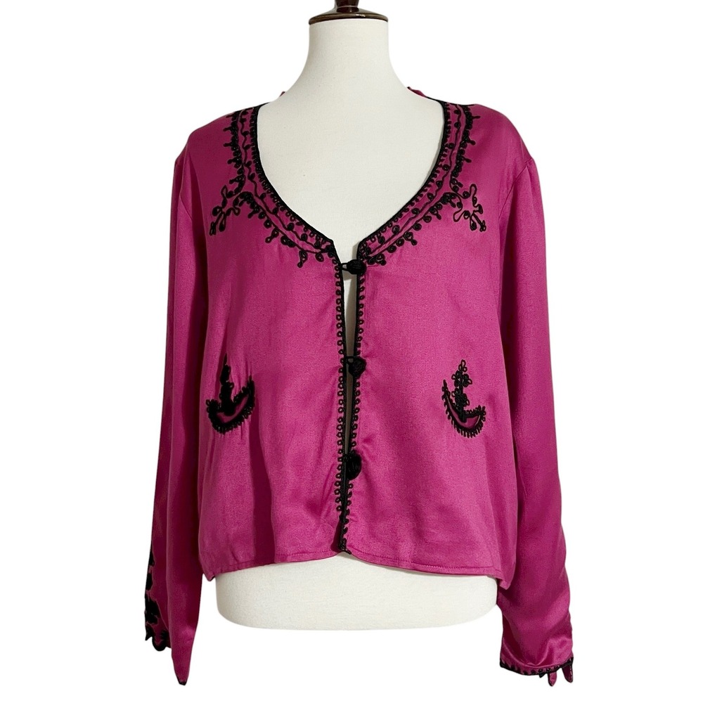 Soft Surroundings Pink Black Embroidered Button Front Cardigan Sweater XL